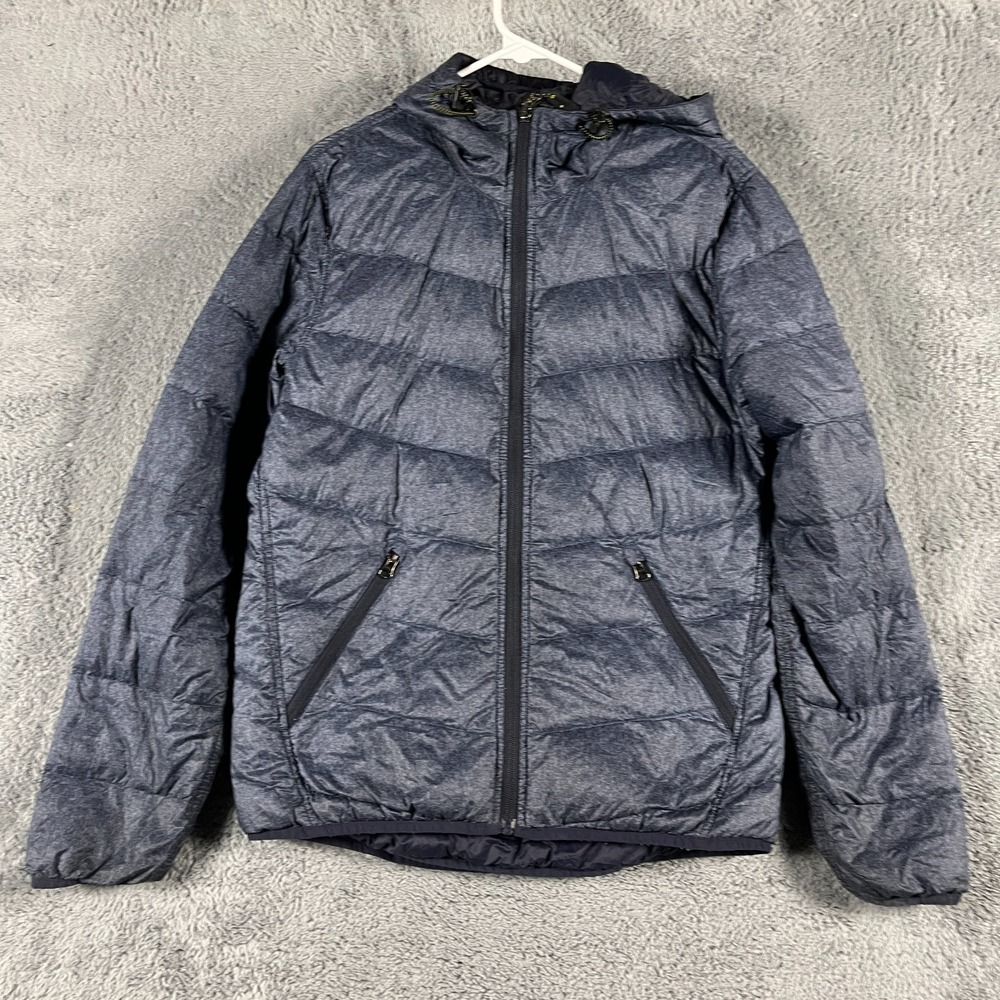 Giordano Down Puffer Jacket Mens M Blue Hooded Reversible Long Sleeve Full Zip